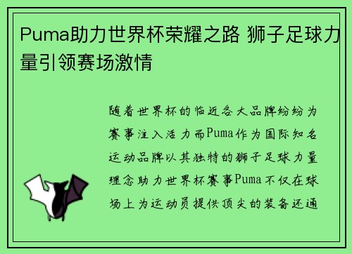 Puma助力世界杯荣耀之路 狮子足球力量引领赛场激情